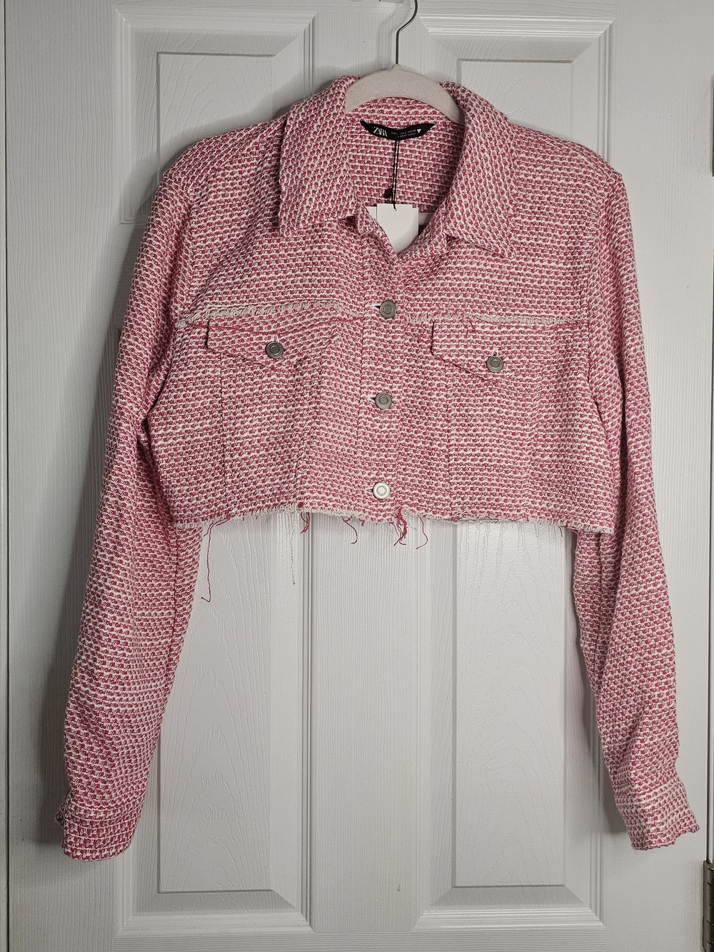 Zara Cropped Pink Tweed Jean Jacket